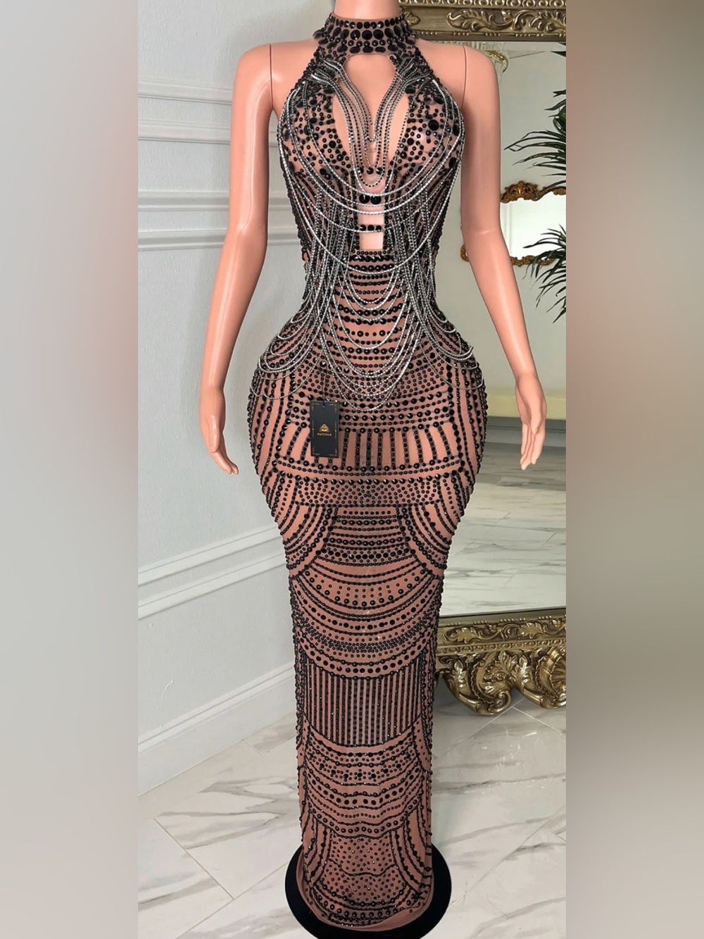 Black Beaded Chain Detail Halter Evening Gown